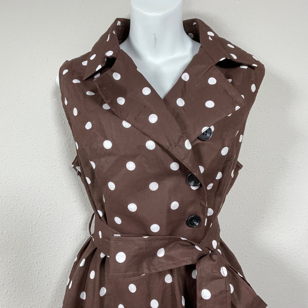 Linen Vibes Polka Dot Midi Dress Women M Brown Rockabilly Feminine Sleeveless - Picture 3 of 11